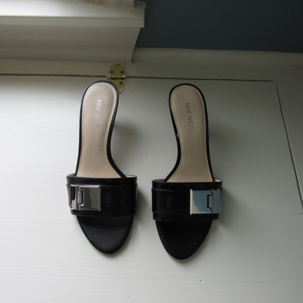 Black Kitten Heel Slides with Metal Detail